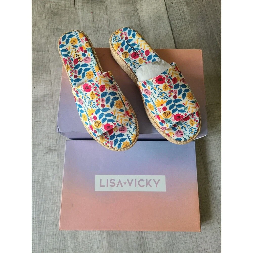 Lisa Vicky Wild Flower Slides Women Sz 9.5 M Fabric Platform Espadrille Sandals